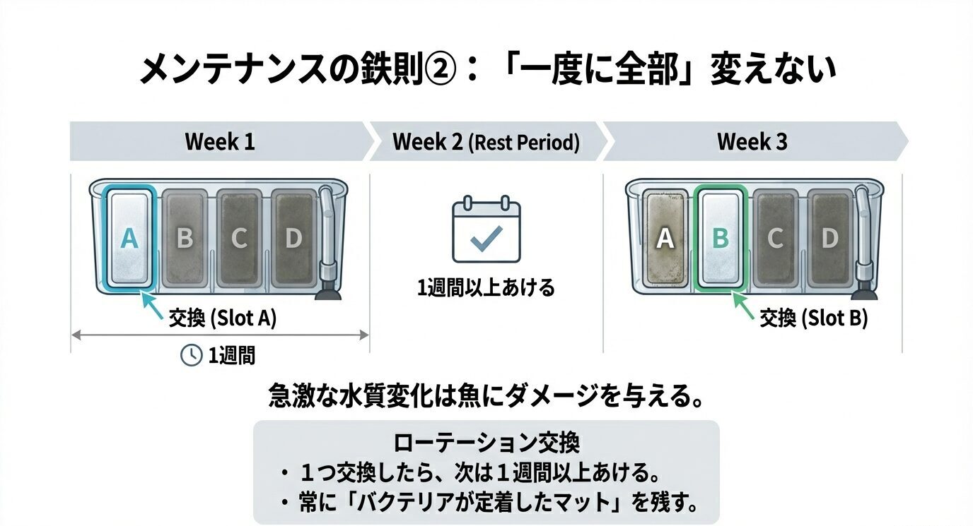 マットを一度に全部交換せず、スロットごとに週単位で入れ替える例(Week1/2/3)を提示。常にバクテリアが定着したマットを残して水質急変を防ぐ。