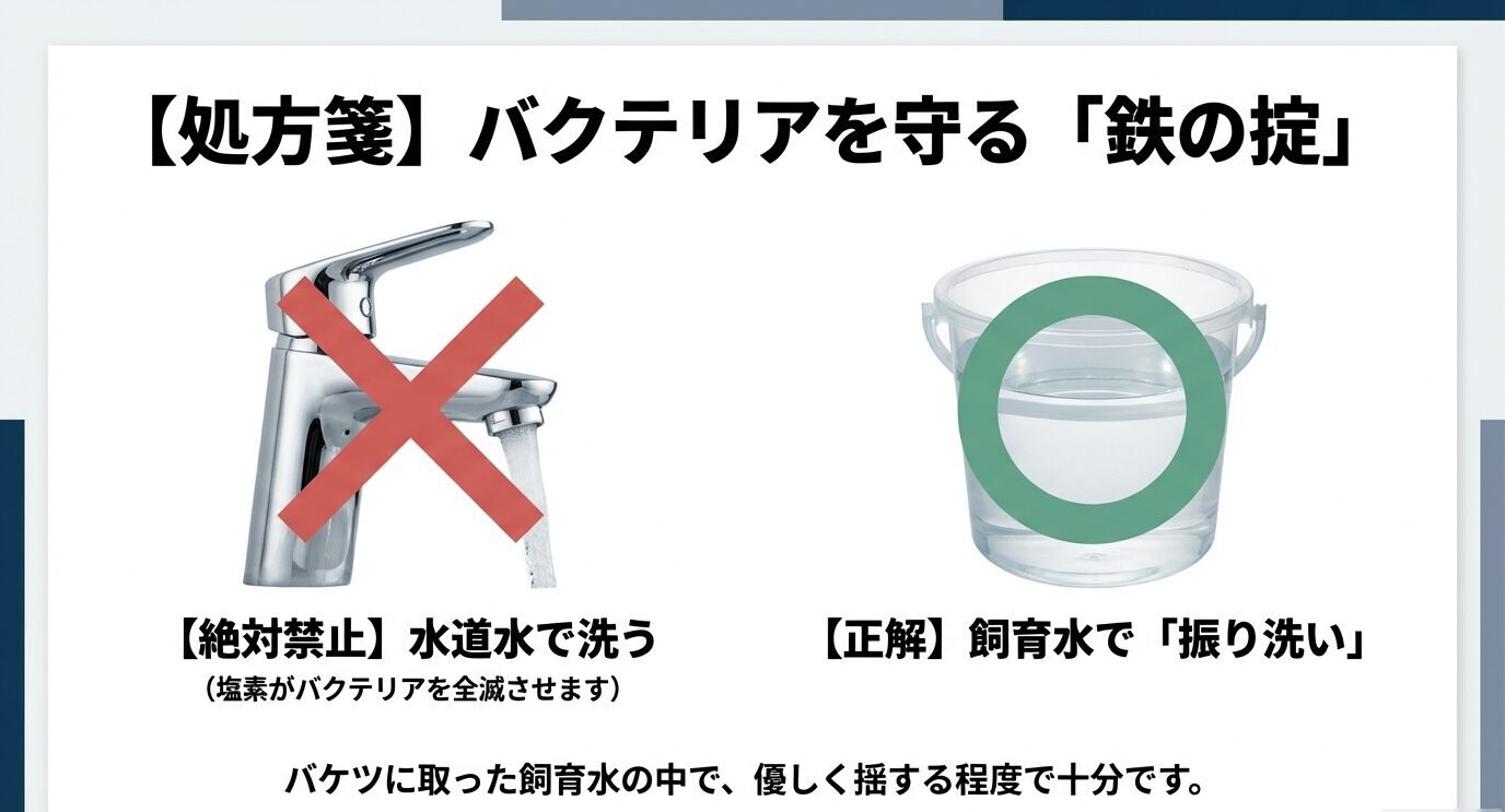 蛇口に×印で「水道水で洗うのは絶対禁止」、バケツに○印で「飼育水で振り洗いが正解」と示し、塩素がバクテリアを殺すと注意喚起
