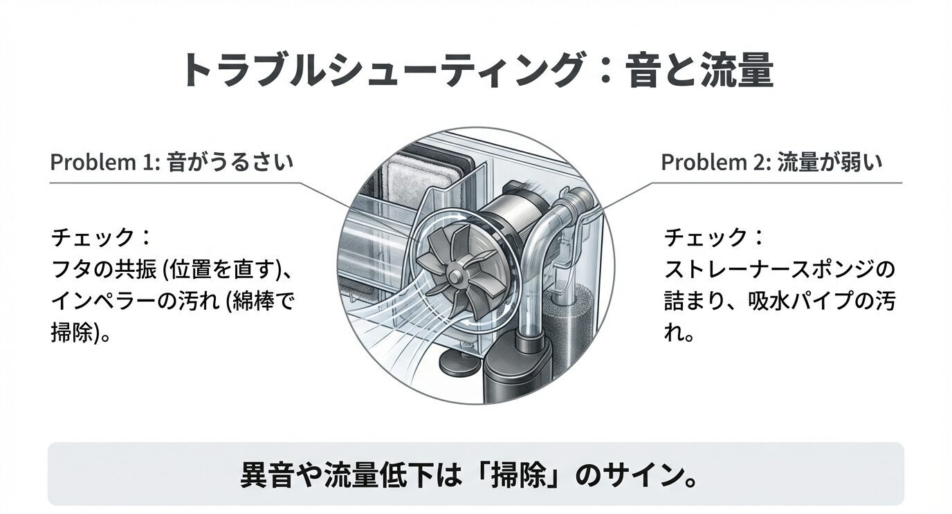 音がうるさい時はフタの共振とインペラー汚れを確認、流量が弱い時はストレーナースポンジの詰まりと吸水パイプ汚れを確認。異音や流量低下は掃除サイン。
