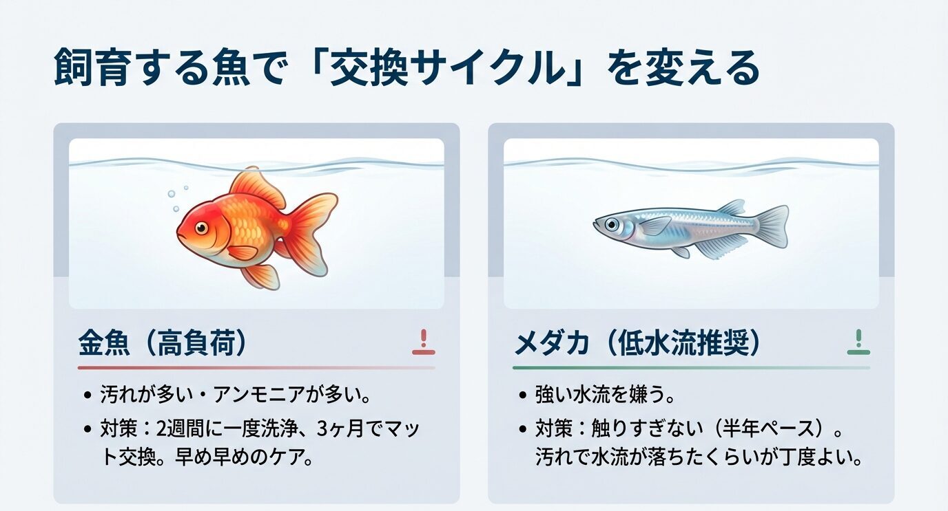 金魚は高負荷で2週間ごと洗浄・3か月でマット交換、メダカは低水流推奨で触りすぎず半年ペースが目安と示す比較スライド