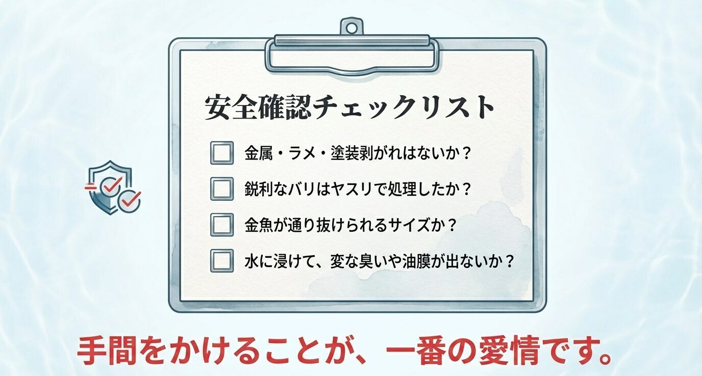 金属や塗装剥がれの有無、バリの研磨、通り抜けサイズ、浸け置き時の臭い・油膜を確認する安全チェック項目をまとめたスライド