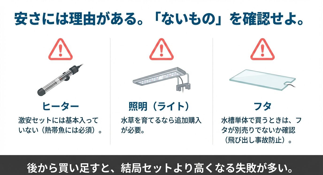 激安セットに入っていないことが多い必需品として、ヒーター・照明(ライト)・フタを提示。後から買い足すと結局高くなるため、購入前に欠品確認を促す。