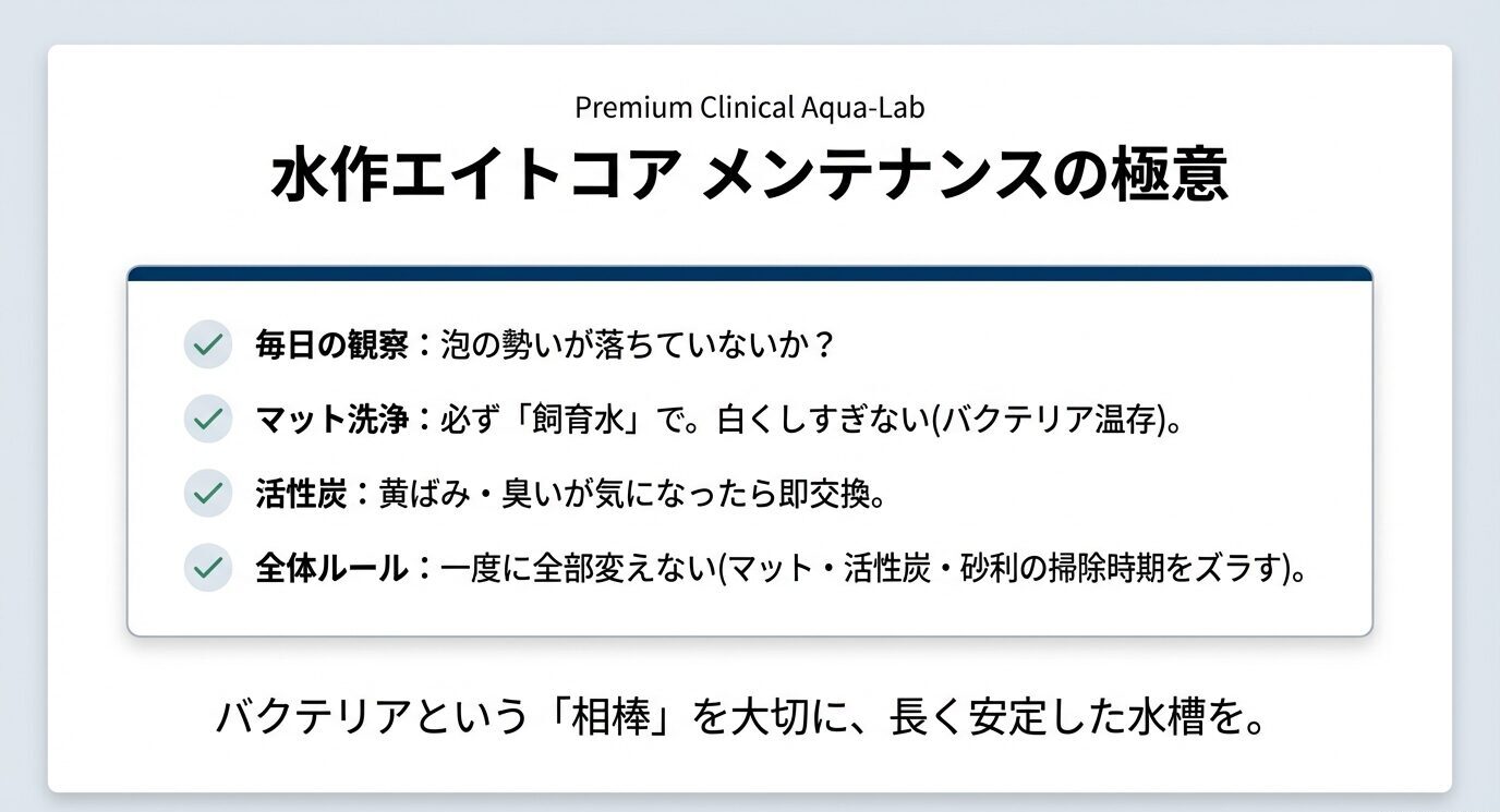 毎日の泡チェック、マットは飼育水で洗って白くしすぎない、黄ばみ臭いで活性炭交換、全部同時に交換しないという4つの要点をまとめたチェックリスト