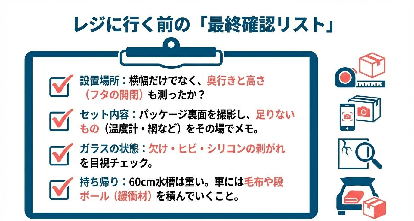 設置場所(奥行・高さ・フタ開閉)確認、セット内容の撮影と不足品メモ、ガラス欠け/ヒビ/シリコン剥がれの目視、60cm持ち帰り用に毛布や段ボール準備、の最終チェック項目。