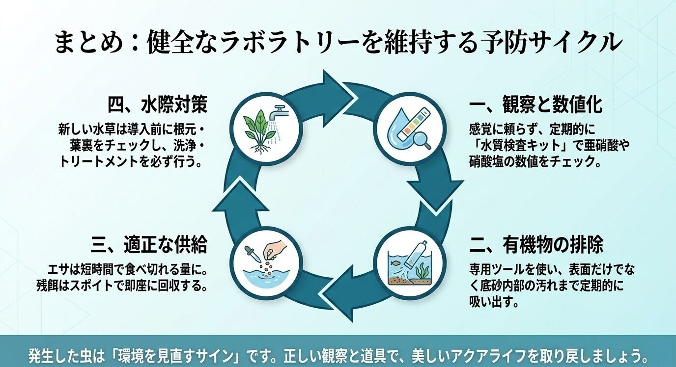 水質検査、有機物の排除、適正な給餌、水草導入前のチェックを繰り返し、水槽の白い虫を予防するサイクル図
