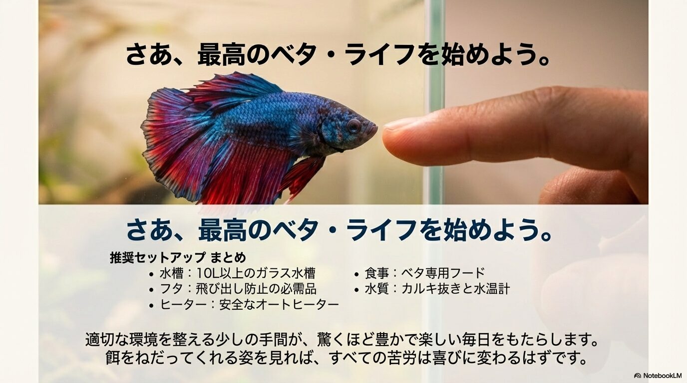 水槽、餌、水質管理、フタ、ヒーターの5項目をまとめた、最高のベタライフを始めるための最終確認スライド。