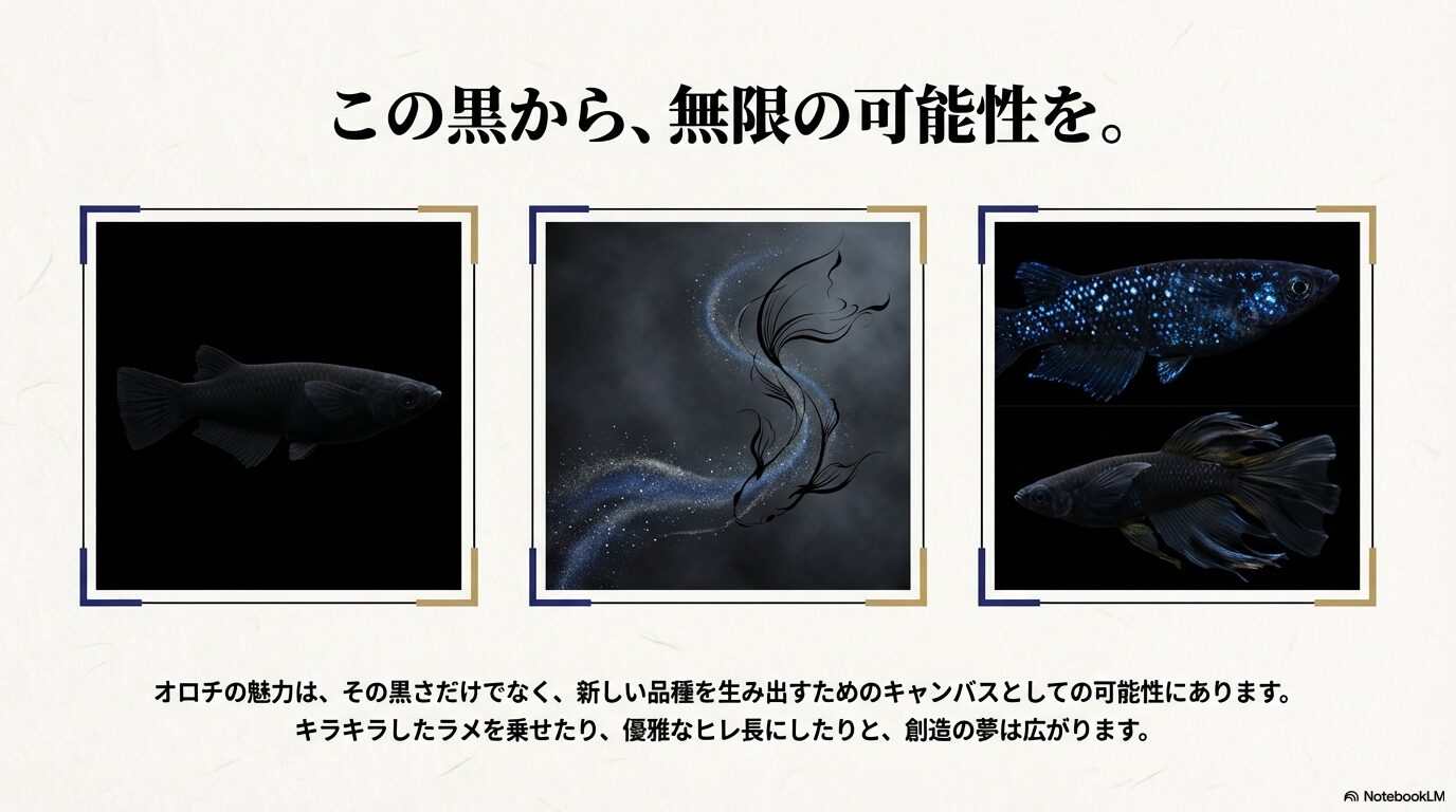 真っ黒なオロチをベースに、ラメやヒレ長の形質を組み合わせた個体のイラスト。漆黒のキャンバスとしての可能性を表現している。