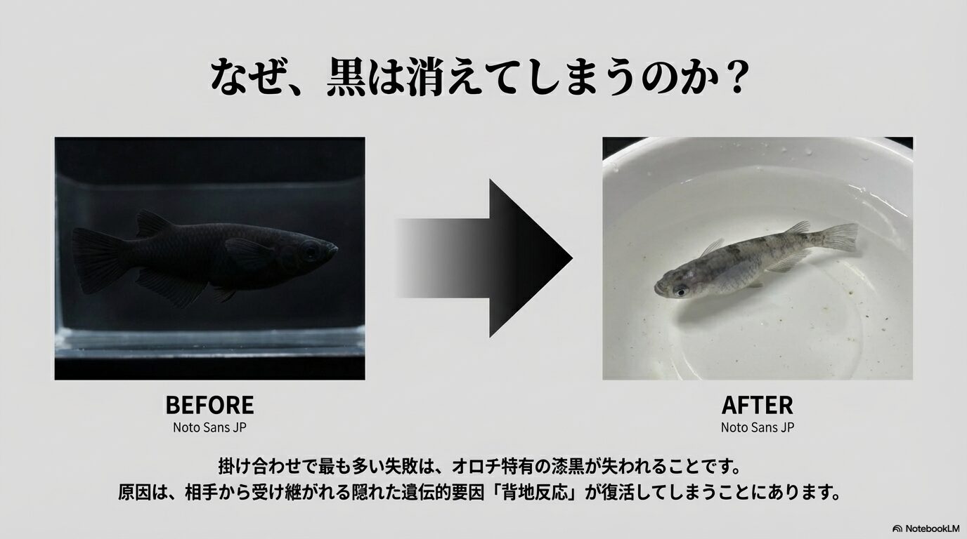 黒い容器では真っ黒なオロチが、背地反応を持つ品種との交配によって、白い容器では色が抜けてしまう(BEFORE/AFTER)の比較図。