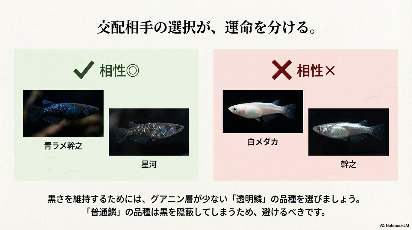 相性◎として青ラメ幹之(星河)など、相性×として白メダカや幹之などを挙げ、グアニン層の有無が運命を分けることを示す図。