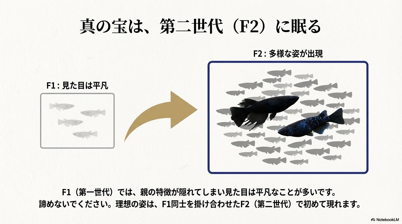 F1世代では見た目が平凡でも、F1同士を掛け合わせたF2世代で多様な姿(理想の形質)が出現することを示す系統図
