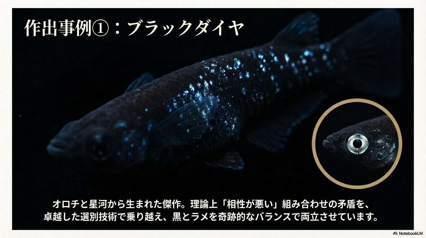 オロチと星河を交配し、卓越した選別技術によって漆黒とラメを両立させた傑作「ブラックダイヤ」の紹介。