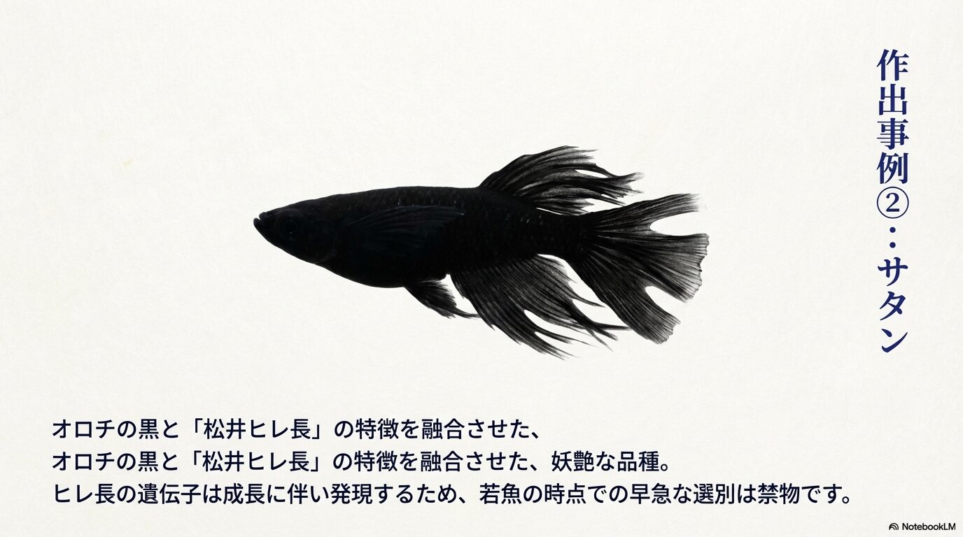 オロチの黒と松井ヒレ長の特徴を融合させた「サタン」の画像。ヒレ長の遺伝子は成長に伴い発現することを注意書きとして添えている。