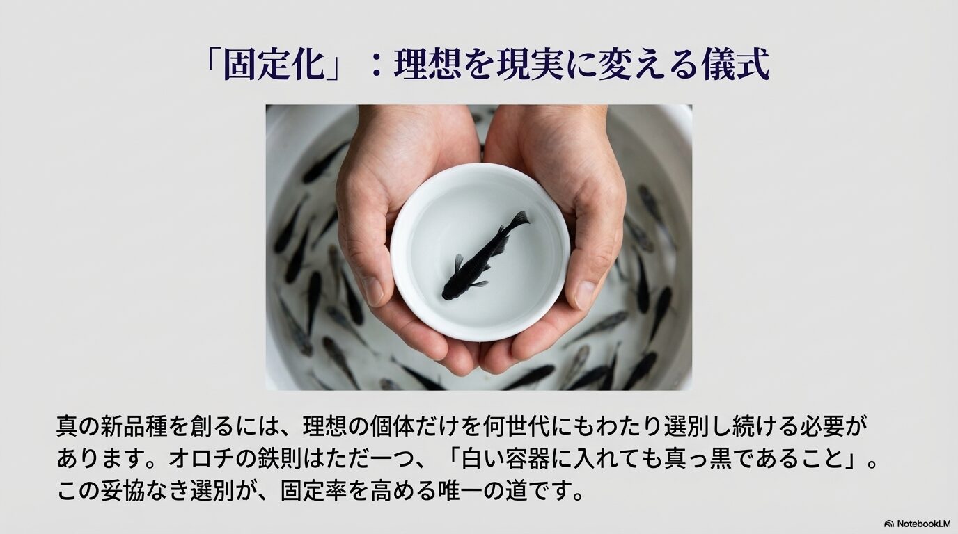 白い容器に入れても真っ黒である個体のみを次世代に残す、妥協なき選別の様子。これが固定率を高める唯一の道であることを示す。