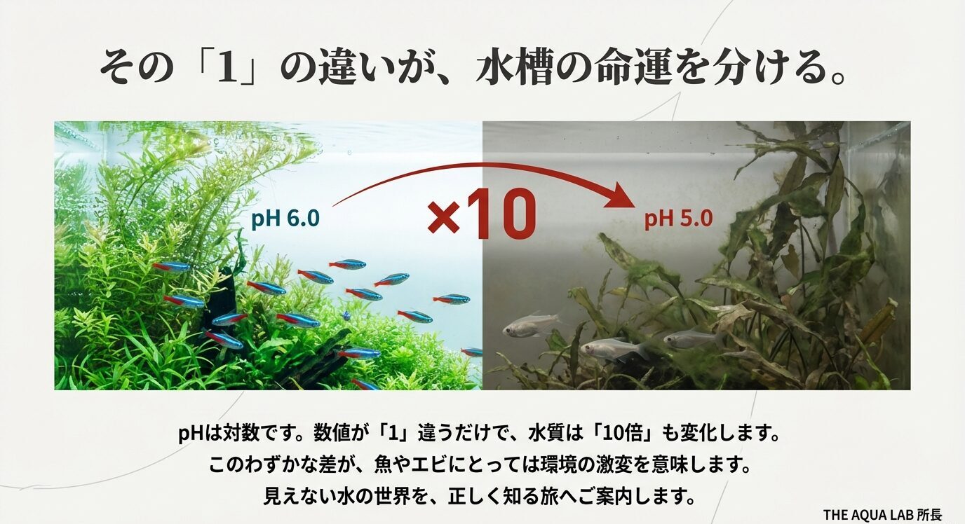 pH6.0とpH5.0の水槽を比較し、pHが1違うだけで水質が10倍変化することを示した図解スライド