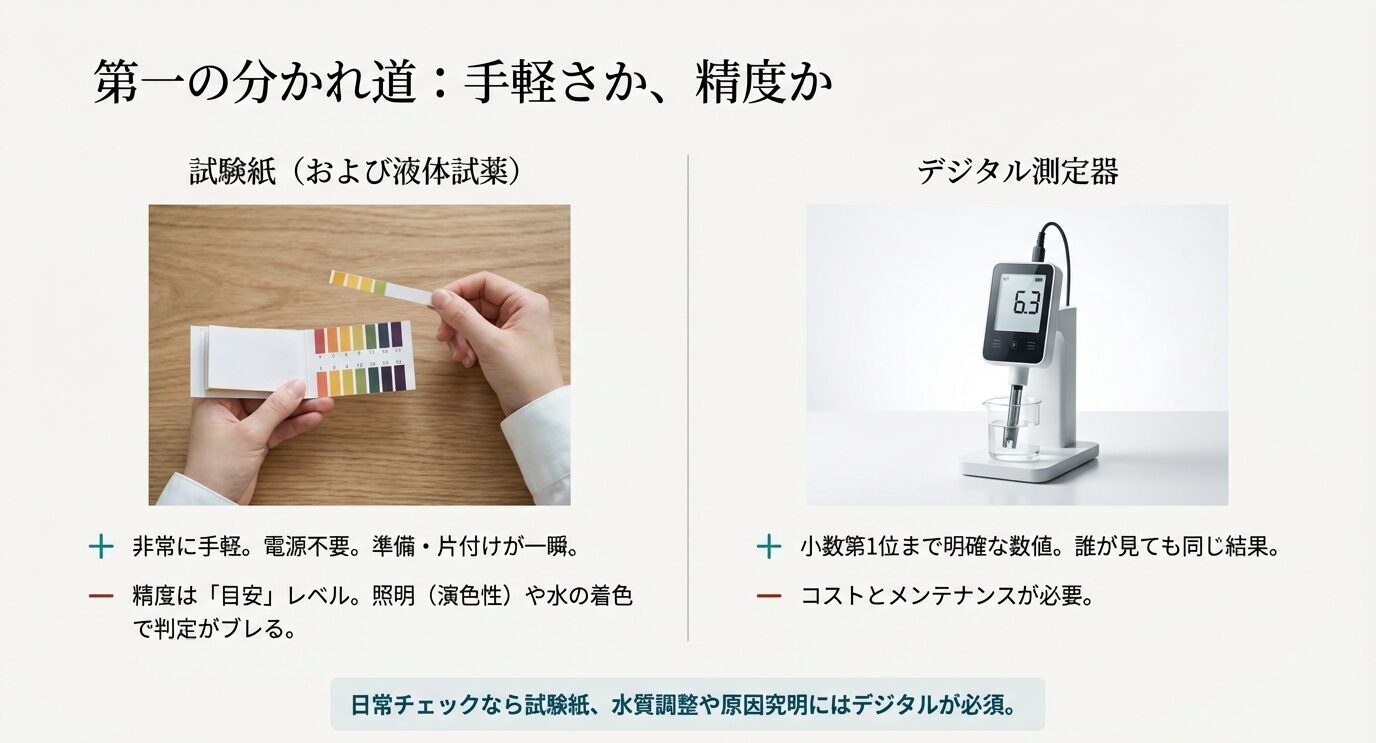 試験紙とデジタルpH測定器を比較し、手軽さと精度の違いを整理した解説スライド