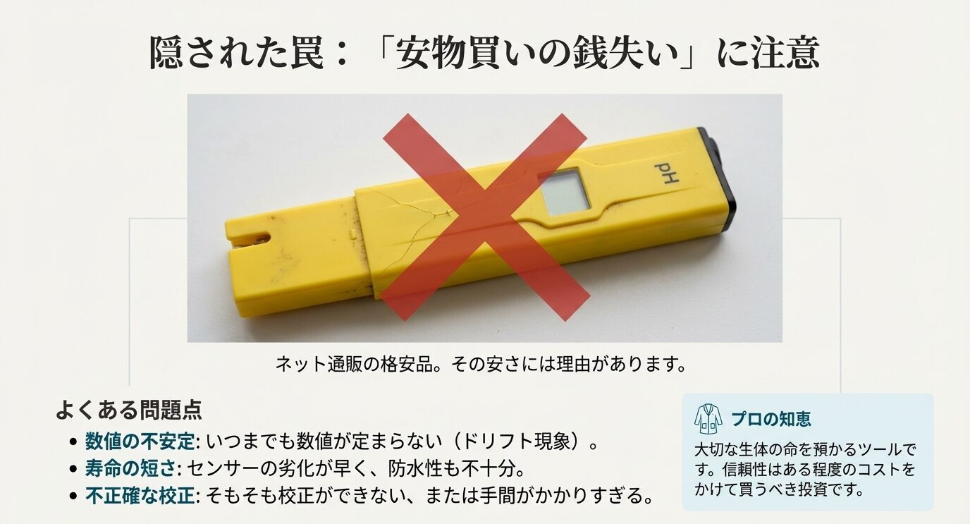 ネット通販で多い格安ペン型pH測定器の問題点と注意点を示した警告スライド
