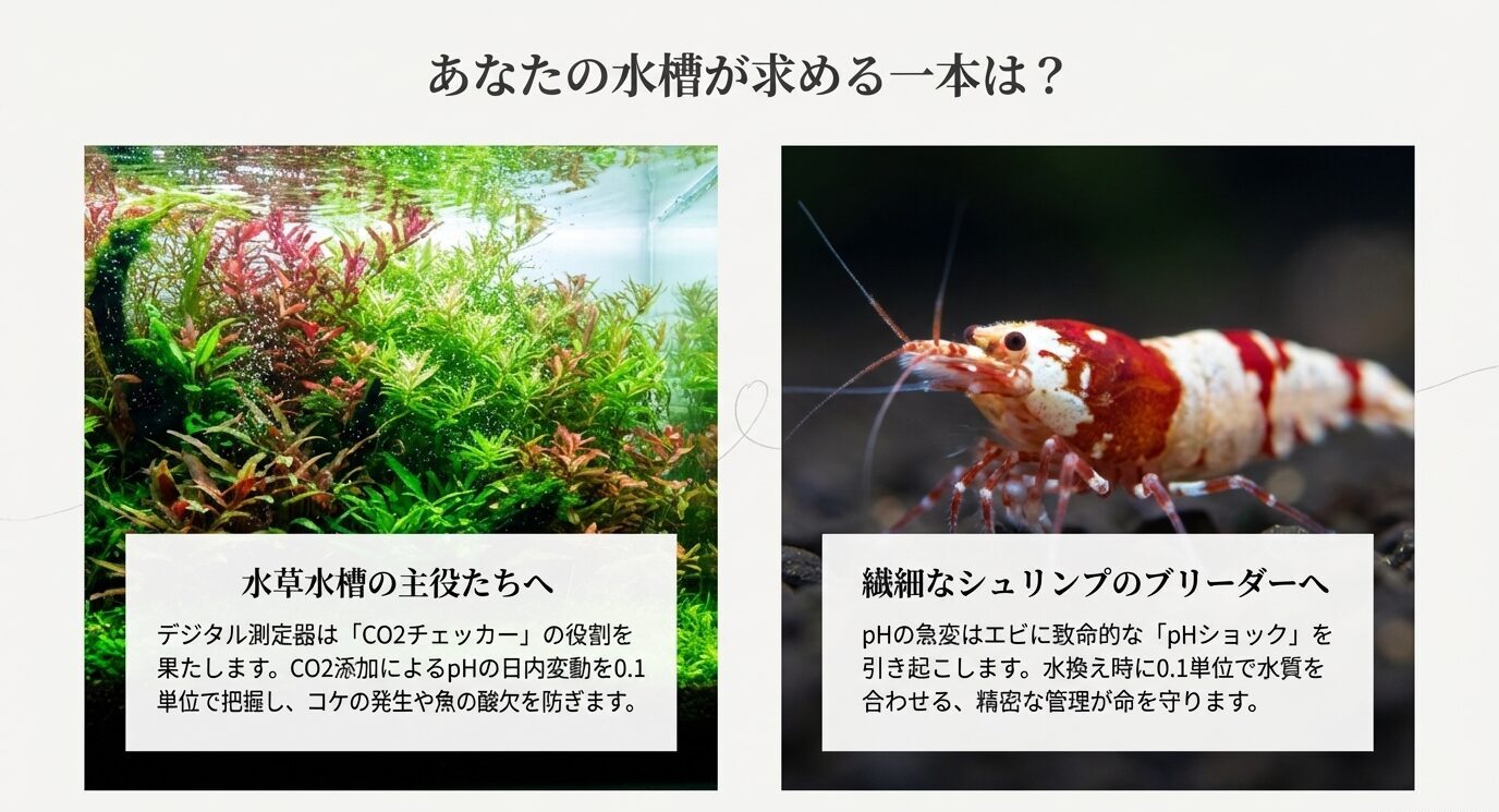 水草水槽とレッドビーシュリンプ水槽それぞれに適したpH測定器の考え方を示したスライド