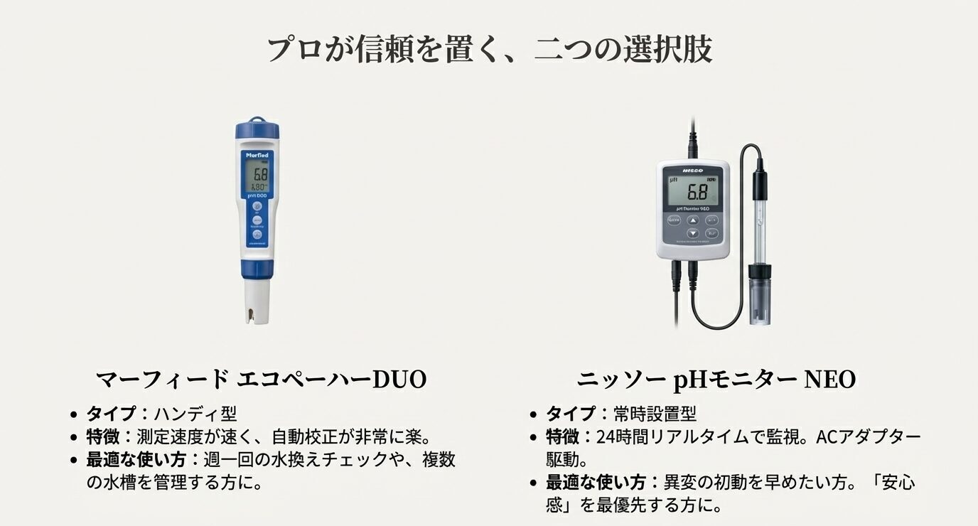 マーフィード エコペーハーDUOとニッソー pHモニターNEOの特徴と用途を比較したスライド