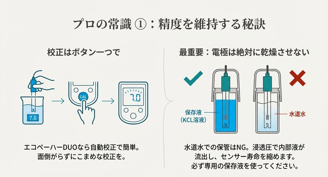 pH測定器の自動校正手順と、保存液による正しい電極保管方法を解説したスライド