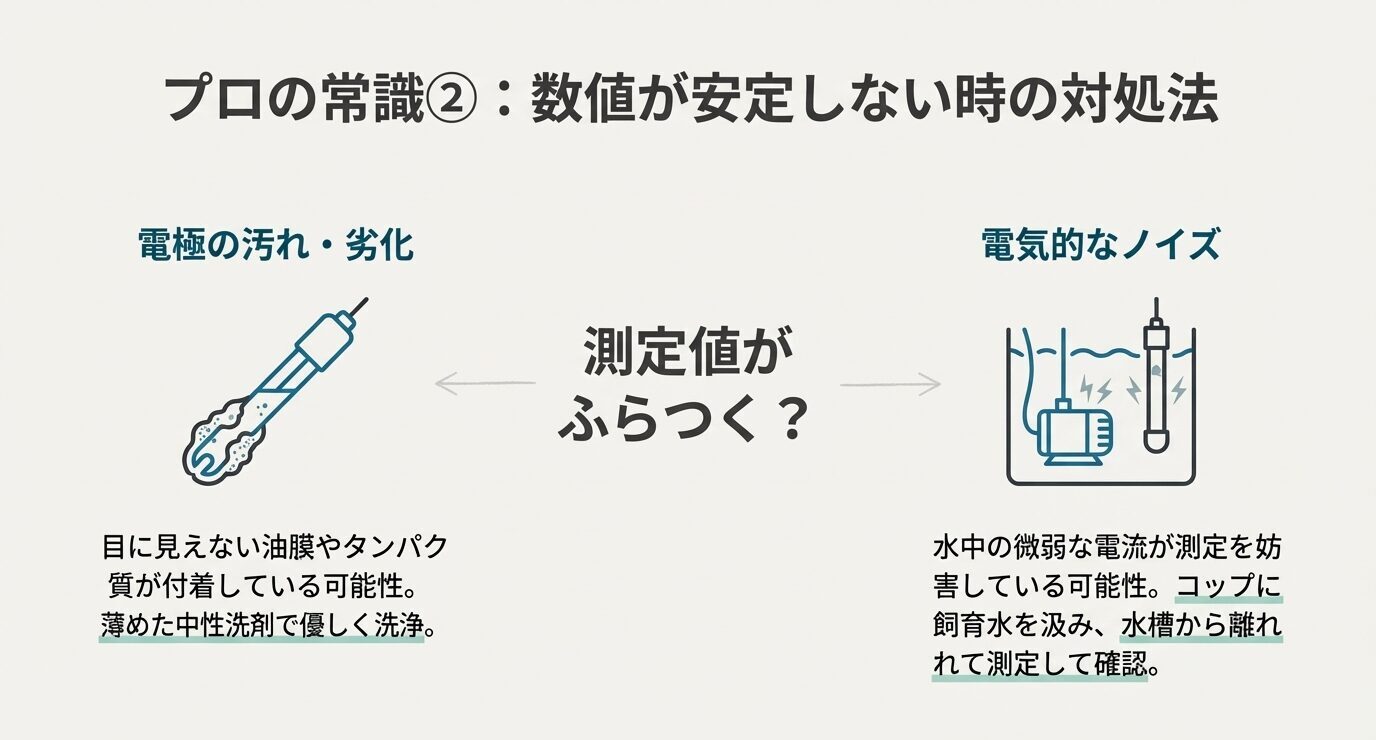 電極の汚れや電気的ノイズによってpH測定値が不安定になる原因と対処法を示したスライド
