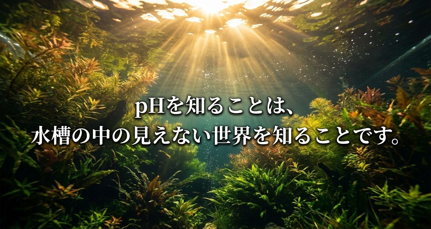水草が揺れる水槽と光の演出で、pH管理の重要性を象徴的に表現したビジュアルスライド
