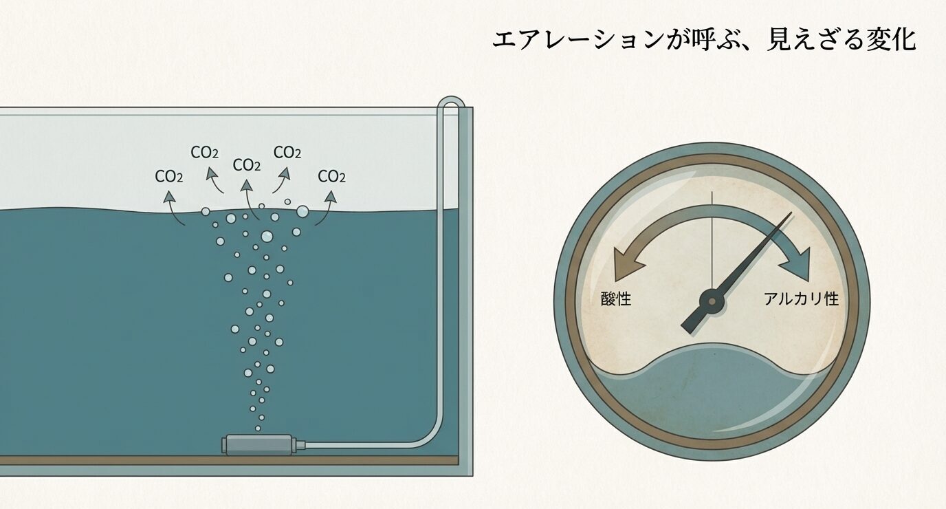 水槽にエアレーションを入れてCO2が水面から抜ける図と、酸性〜アルカリ性を示すメーターがアルカリ側に傾くイメージ。