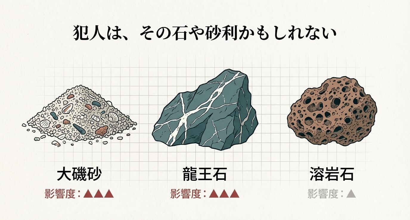 大磯砂・龍王石・溶岩石のイラストと、pHへの影響度(▲の数)を示した比較スライド。