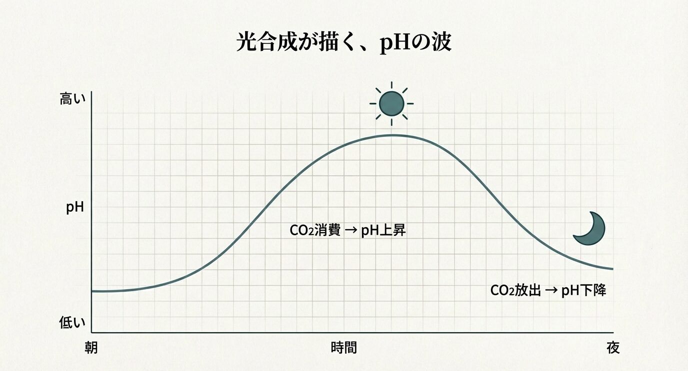 朝から昼にかけてCO2消費でpHが上がり、夜にCO2放出でpHが下がる波形グラフ。太陽と月のアイコン付き。