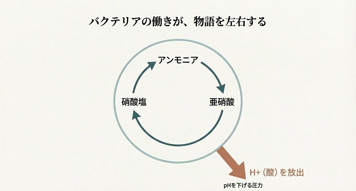 アンモニア→亜硝酸→硝酸塩の循環図と、H+(酸)を放出してpHが下がる方向を示したイメージ。