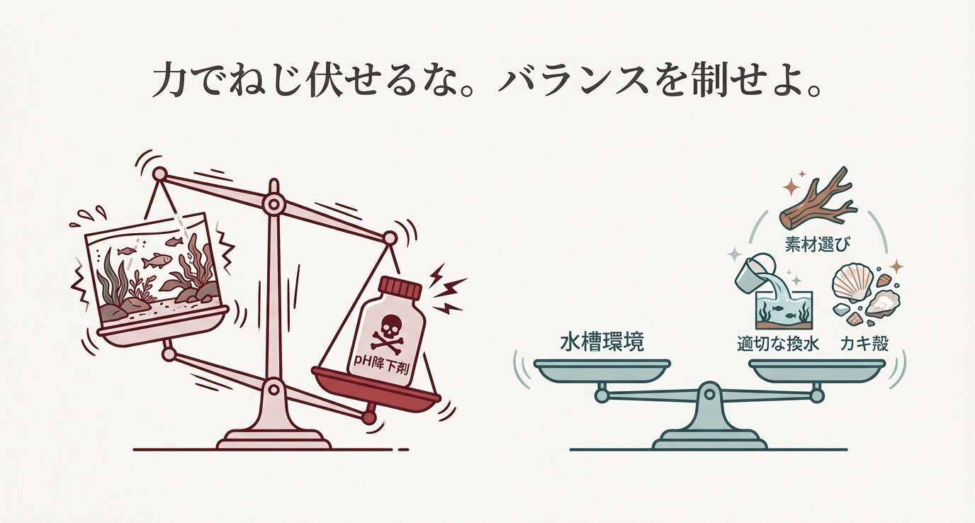 左は水槽と「pH降下剤」がシーソーで不安定、右は「水槽環境・素材選び・適切な換水・カキ殻」が釣り合って安定する対比図。
