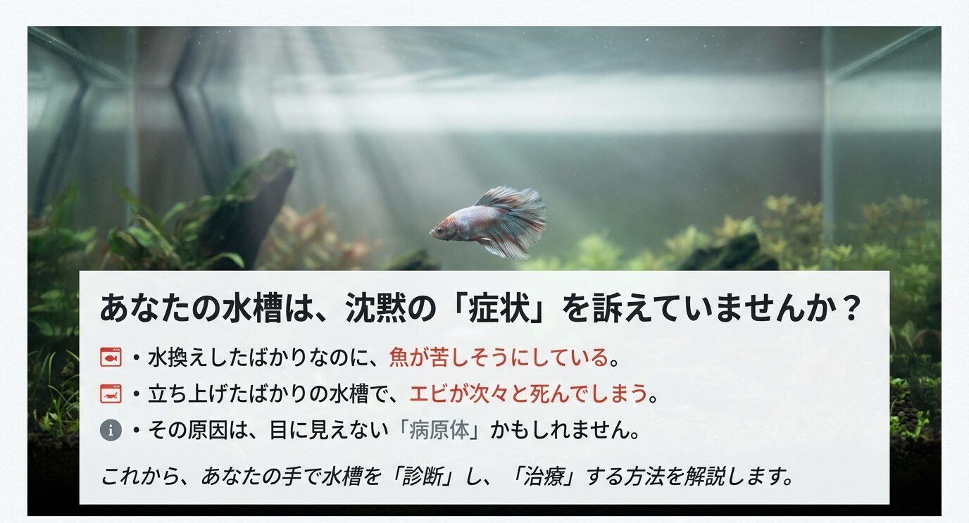 水換え直後に魚が苦しそう、立ち上げ直後にエビが落ちるなどの症状から、水槽を診断して原因を解説する導入スライド。
