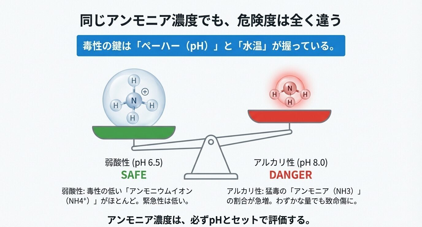 同じアンモニア濃度でも、弱酸性ではNH4+が多く比較的安全、アルカリ性ではNH3が増えて危険になることを天秤図で示すスライド。