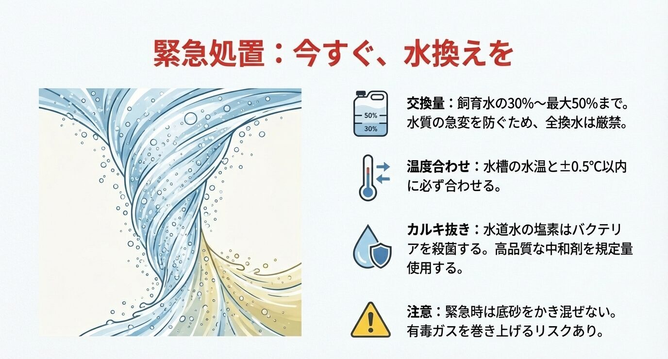 アンモニア緊急時は水換えを行う。交換量は30〜最大50%、温度は±0.5℃以内、カルキ抜きを使い、緊急時は底砂をかき混ぜないと示すスライド。