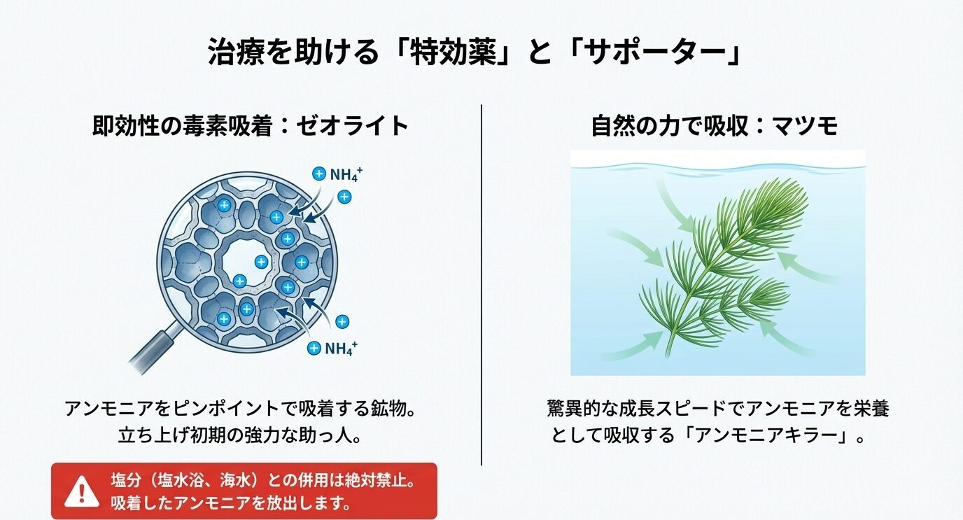 即効性の吸着材ゼオライトと、自然の力で吸収する水草マツモを対比。塩分(塩水浴・海水)との併用は危険で、吸着したアンモニアを放出する可能性があると警告。