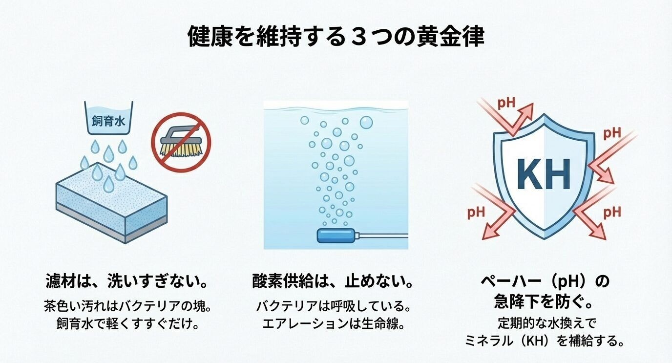 濾材は洗いすぎず飼育水で軽くすすぐ、酸素供給は止めずエアレーションを維持、KHを補給してpH急降下を防ぐという3原則をアイコンで示すスライド。