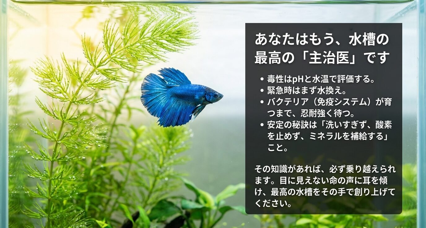 毒性はpHと水温で評価し、緊急時は水換え、バクテリアが育つまで待つ、安定の秘訣は洗いすぎない・酸素を止めない・ミネラル(KH)補給という結論をまとめたスライド。