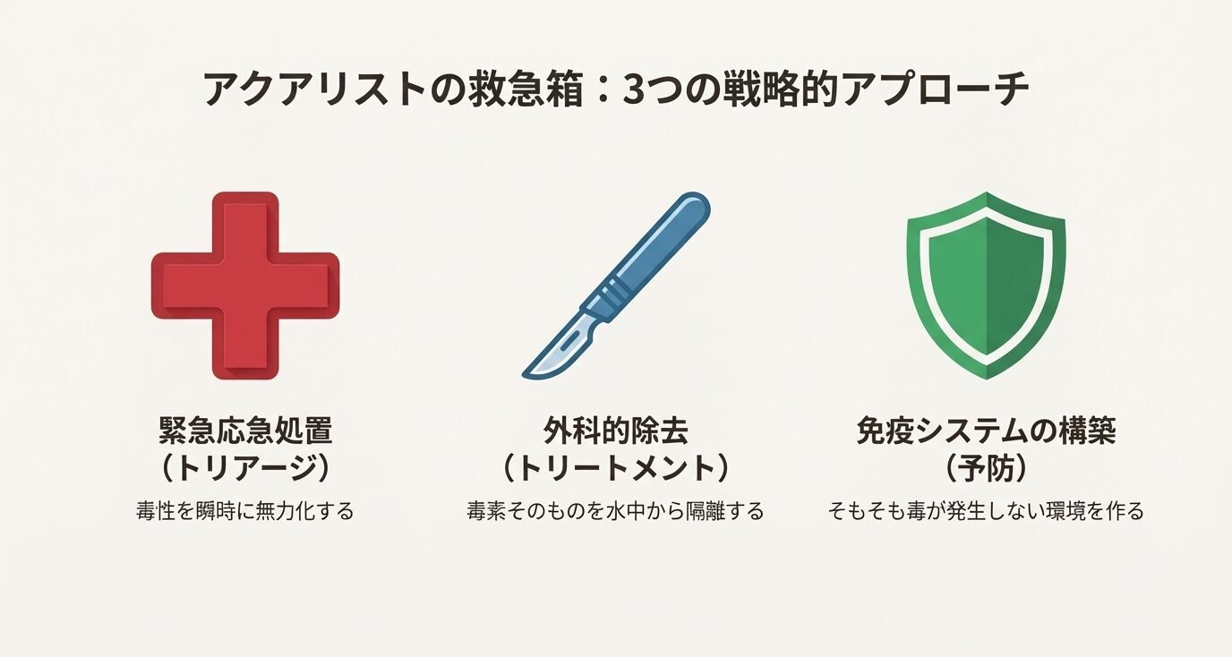 アンモニア対策を「緊急処置」「物理的除去」「予防(バクテリア)」の3つに分類した概念図。