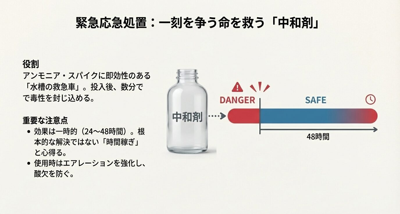 中和剤がアンモニアの毒性を一時的に無害化し、24〜48時間の猶予を作ることを示した図解。