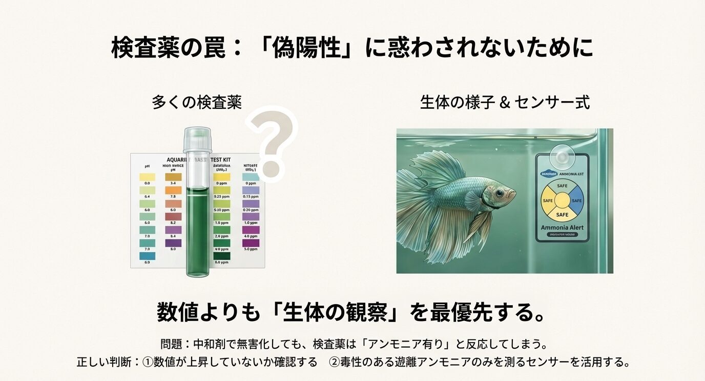 中和剤使用後でも検査薬が反応する偽陽性の仕組みと、生体観察やセンサー式測定の重要性を示した図。
