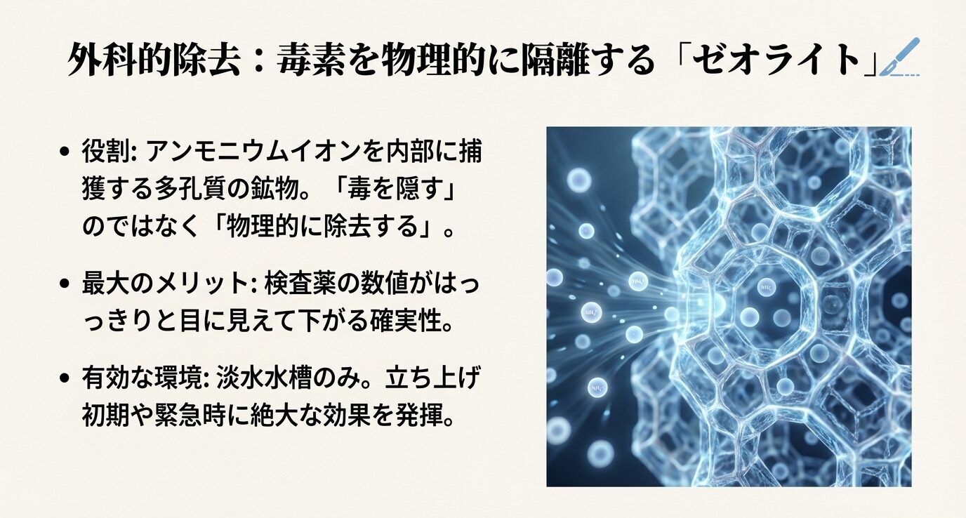 ゼオライトが多孔質構造によってアンモニウムイオンを吸着し、水中から物理的に除去する仕組みの図解。