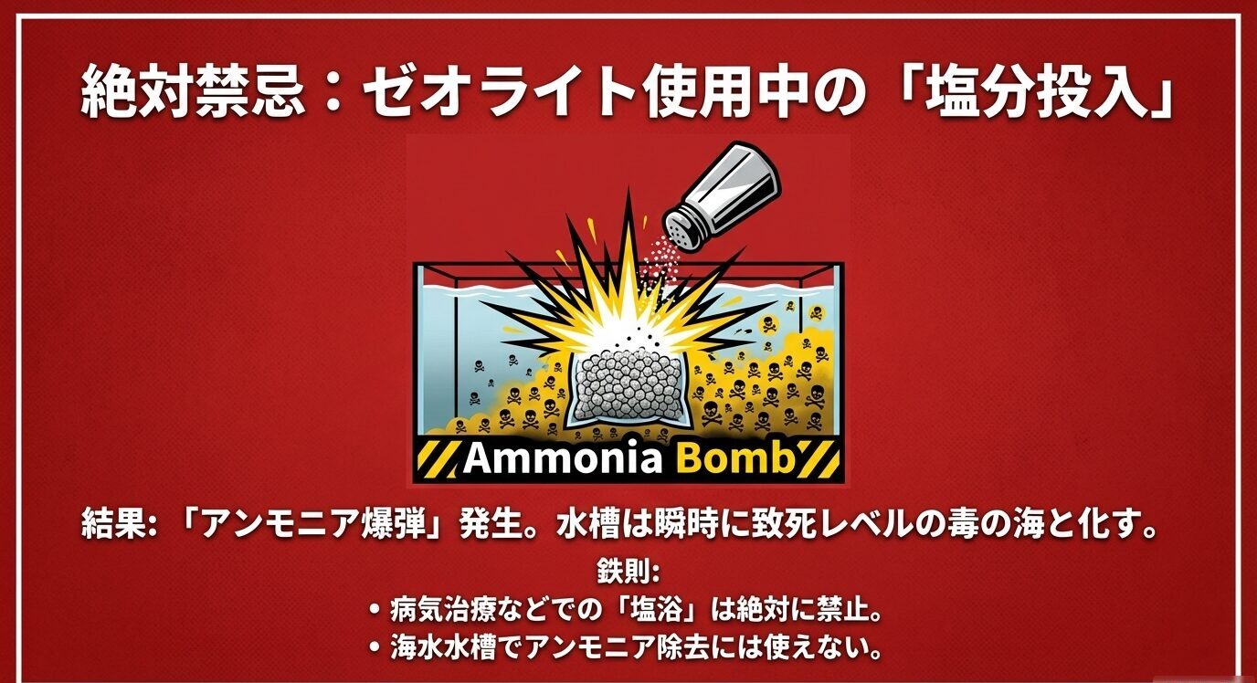 ゼオライト使用中に塩分を加えることで、吸着していたアンモニアが一気に放出される危険性を示した警告イラスト。