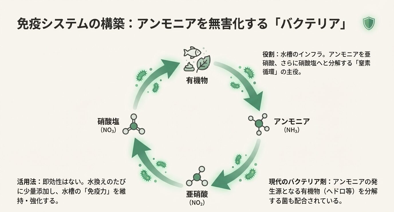 アンモニアが亜硝酸、硝酸塩へと分解される窒素循環と、バクテリアの役割を示した図解。