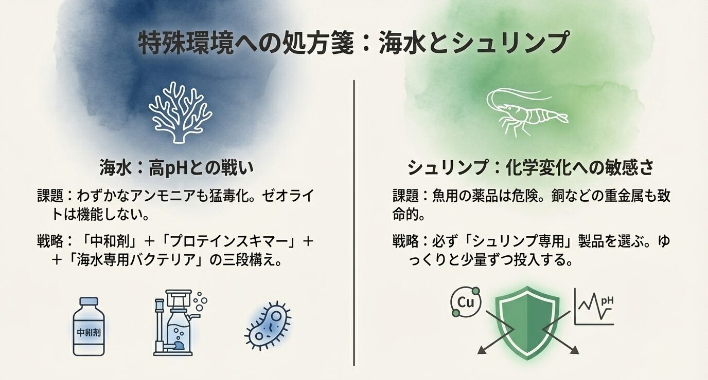 海水の高pH環境とシュリンプの化学変化への敏感さ、それぞれに適したアンモニア対策を示した比較図。