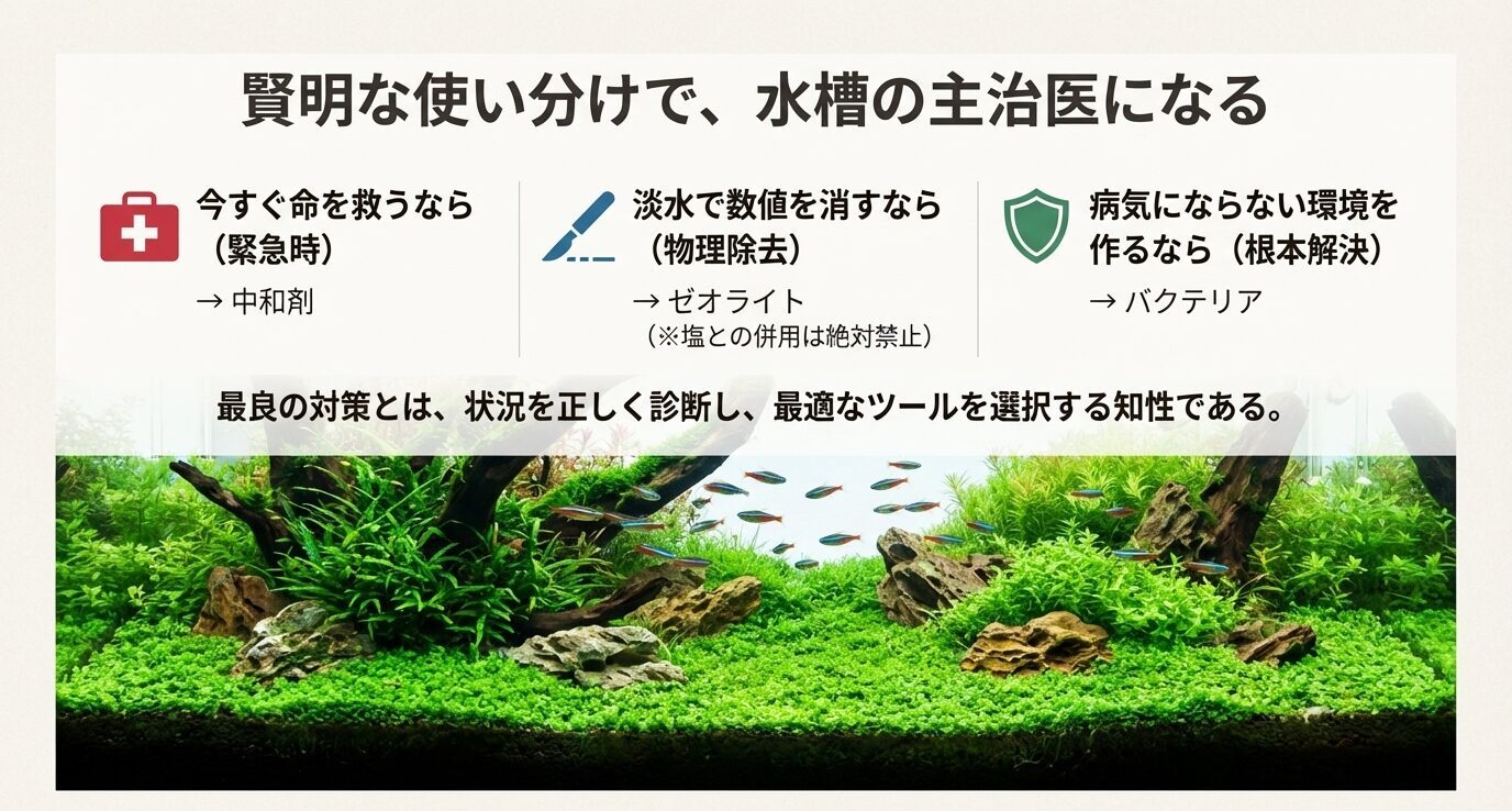 緊急時は中和剤、淡水で数値を下げるならゼオライト、根本改善はバクテリアという使い分けをまとめたスライド。