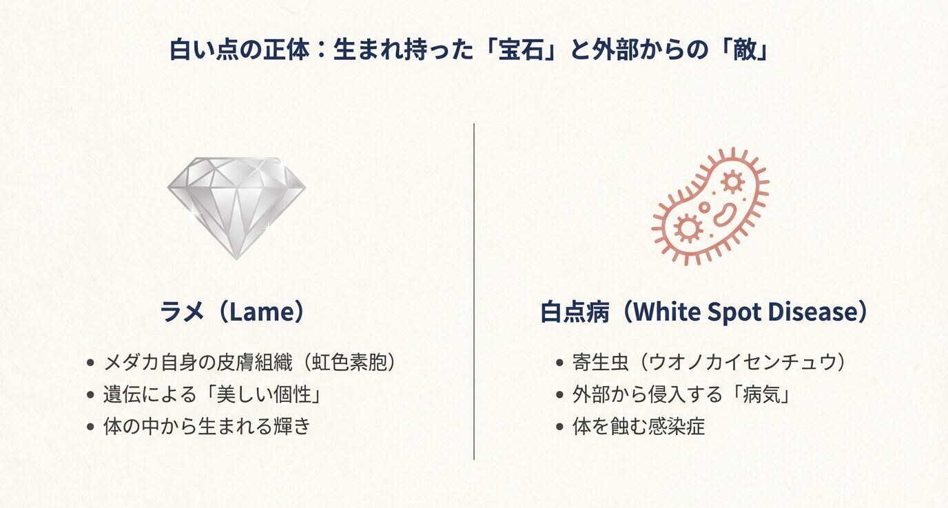 メダカのラメと白点病を左右で比較し、ラメは虹色素胞、白点病は寄生虫であることを示した図解