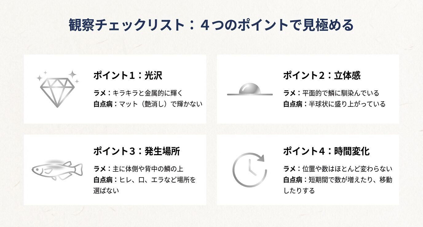 光沢、立体感、発生場所、時間変化の4点からラメと白点病を比較した観察チェックリスト図