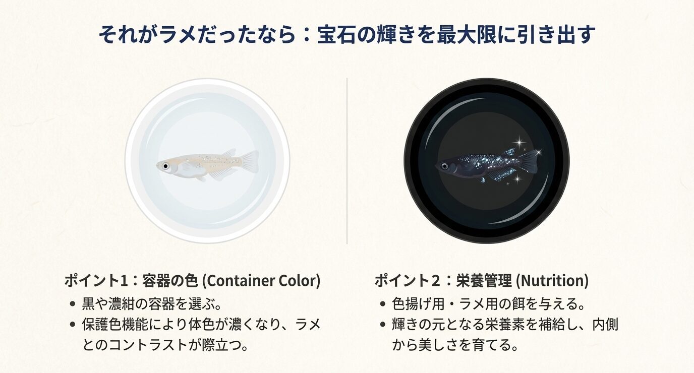 白い容器と黒い容器で飼育した場合のラメの見え方の違いと、栄養管理の重要性を示した比較図