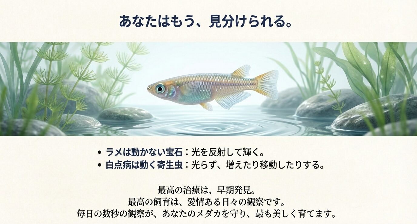 健康なメダカが泳ぐ水景とともに、ラメは光り白点病は光らないという結論を伝えるまとめスライド