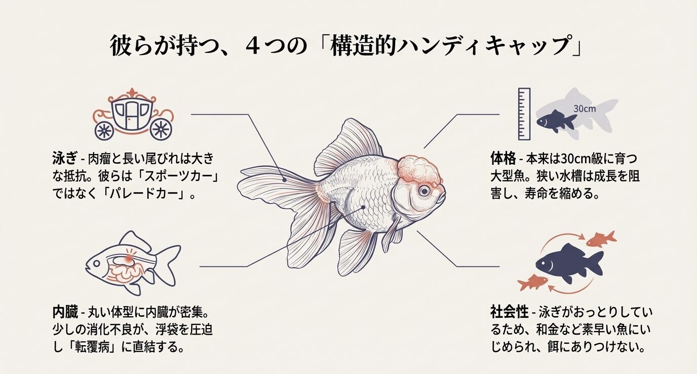 オランダ獅子頭のイラストとともに、泳ぎ(肉瘤と長い尾びれで抵抗)、体格(本来30cm級で狭い水槽は不利)、内臓(密集して転覆病に直結)、社会性(おっとりでいじめ・餌負け)を4点で説明。