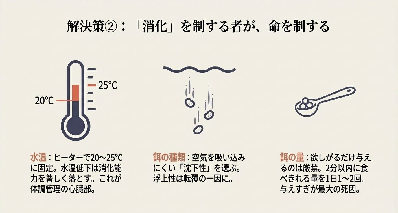 水温は20〜25℃に固定、餌は空気を吸い込みにくい沈下性を選ぶ、量は2分以内に食べ切れる分を1日1〜2回で与えすぎが最大の死因、という3点をアイコンで整理。